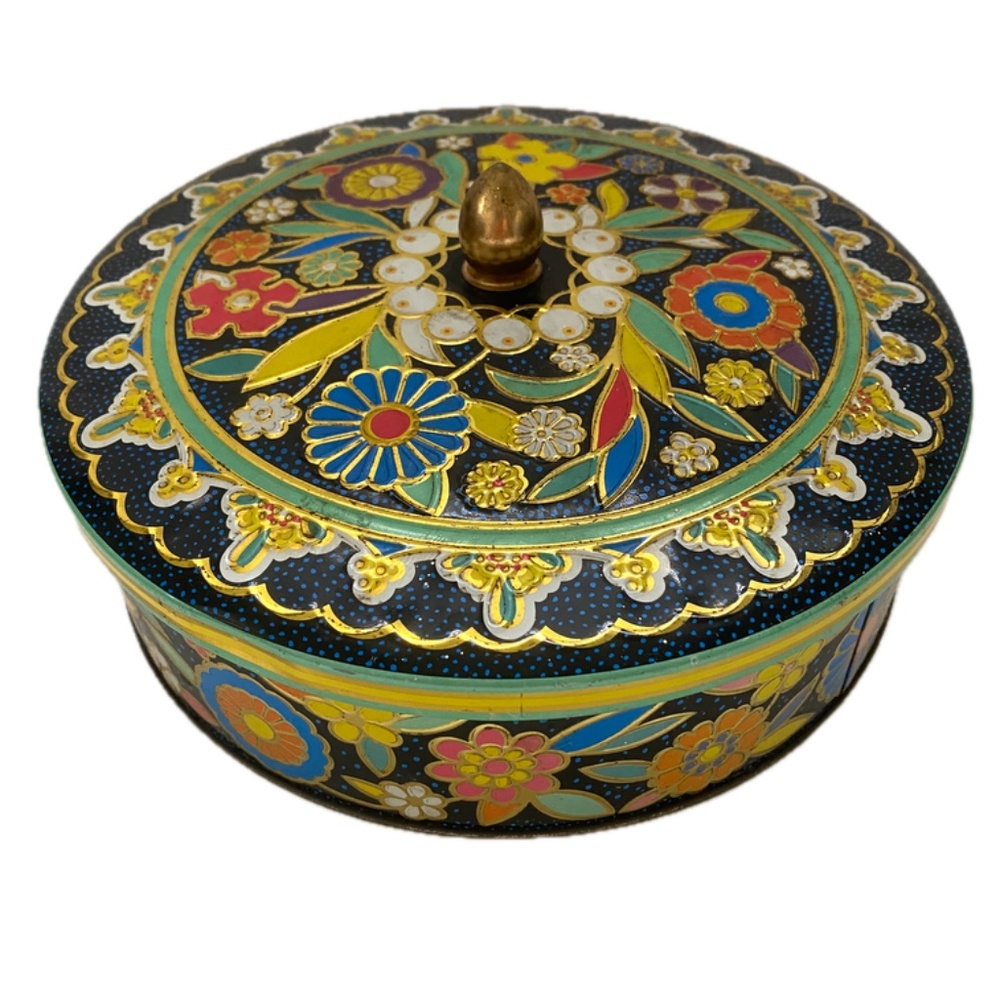 Vintage Floral Tin Container Canister Designed By Daher England Bright Flowers